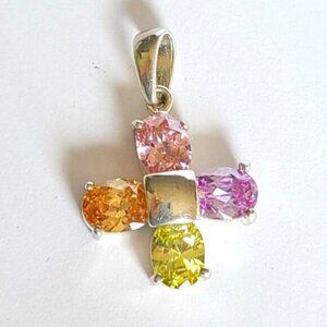 Gorgeous 925 Sterling Silver Multi Coloured Stone Crystal Cross Pendant Necklace